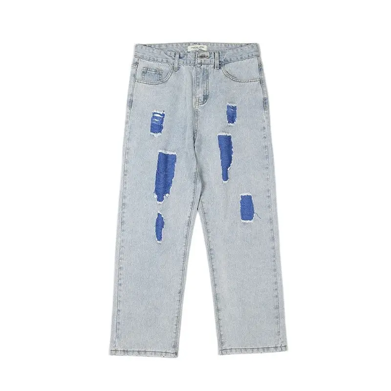 

American Retro Hole Jeans Men Autum Summer Thin Street Ruffian Handsome Loose Leg Pants Straight Tube Drop Deeling Mop Pants