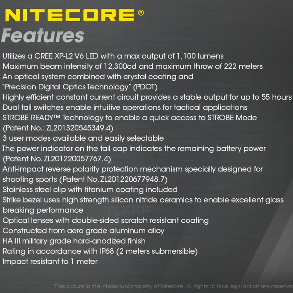 Светодиодный высокопроизводительный тактический фонарик NITECORE P20 v2 1100 Люмен CREE