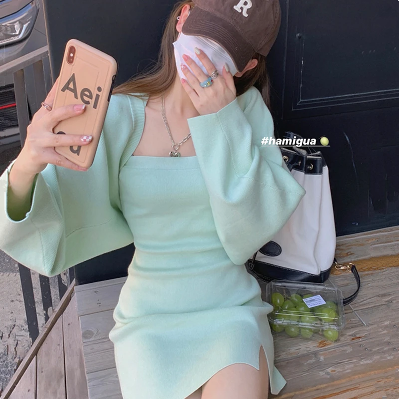 

French small sweet wind hang sexy neck strap dress two-piece women qiu dong short paragraph cardigan sweater dress skirt
