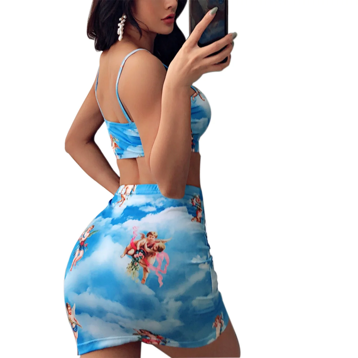 

Womens Ladies Summer Sexy Strappy Crop Tops High Waist Skirt Dress Evening Party Holiday 2pcs Set
