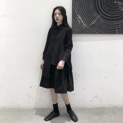 

2021 Spring And Summer New Long Sleeve Shirt Black Slim Fit Fashion Asymmetric Simple Pleated Shirt Skirt Women's Fashion Leisur
