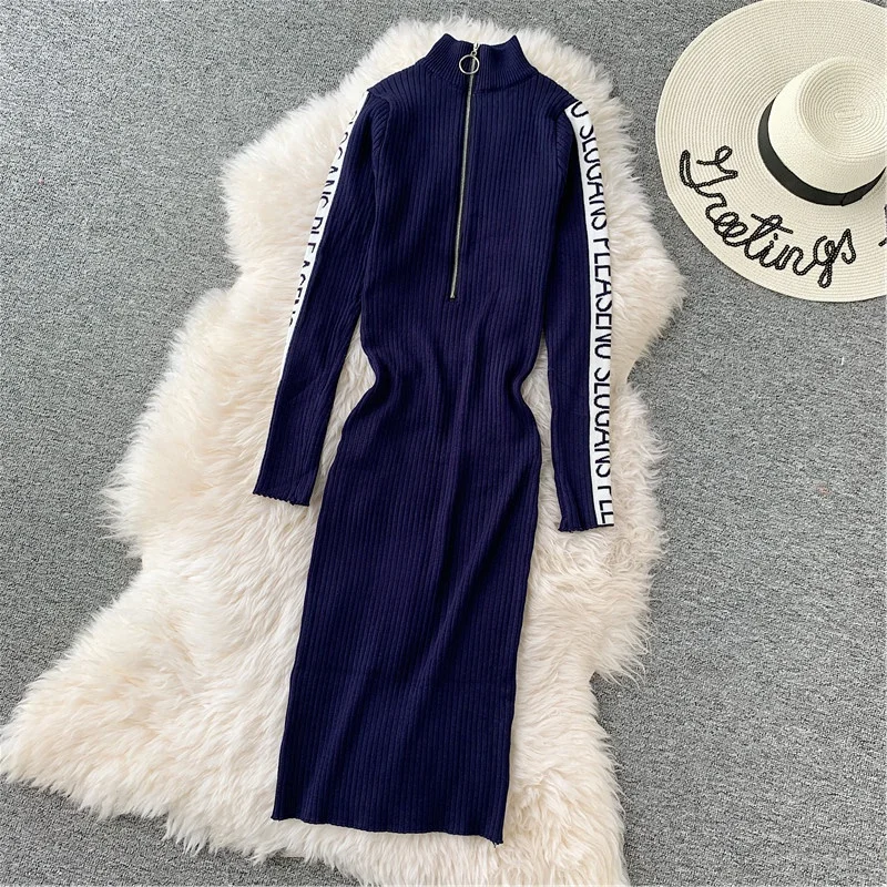 Blue Long Sleeve YuooMuoo женское стрейчевое облегающее платье Ins Горячая молния дизайн осеннее трикотажное платье midi зимнее модное черное платье Vestidos - Цвет: Blue Long Sleeve