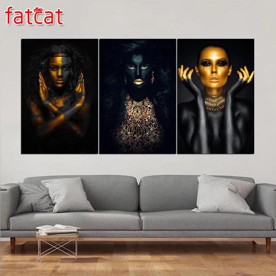 

FATCAT 5D DIY Полная квадратная Круглая Мозаика вышивка золотисто-черная женщина триптих Картины для алмазной вышивки девушка рукоделие AE256