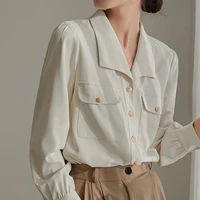 vintage 2022 spring autumn women solid turn down collar shirts pockets female full sleeve tops blouses loose casual shirt wb131