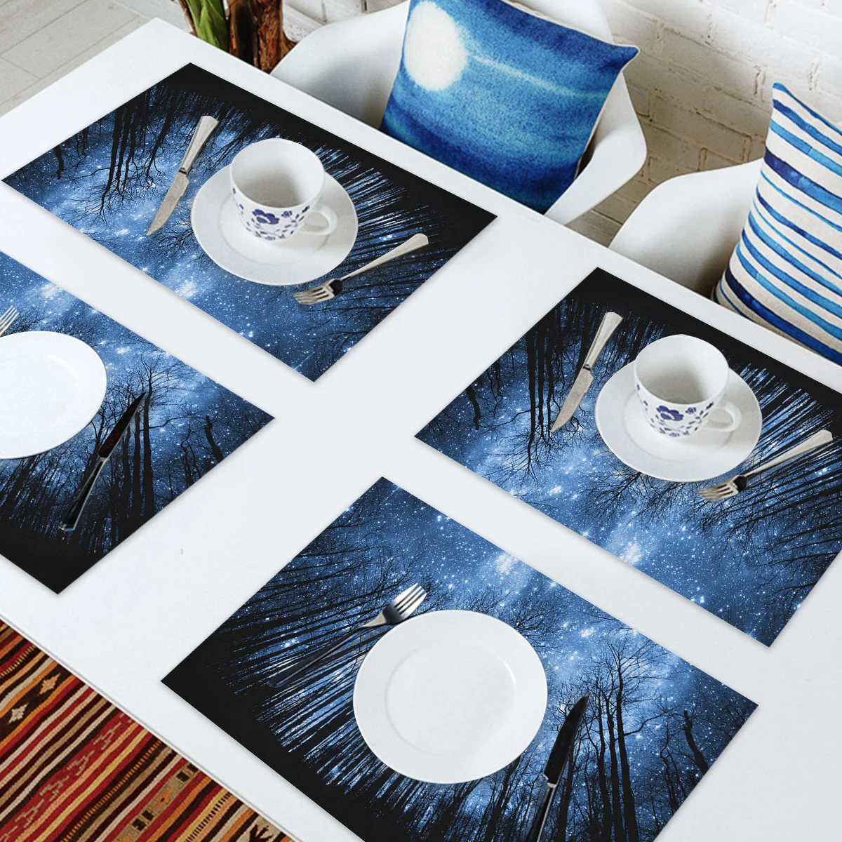 Белый коврик для обеденного стола с изображением звезд леса неба черной Луны