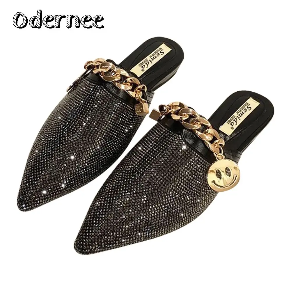 

Pointed Toe Half Slippers Female Summer Wear 2020 New Fashion Rhinestone Lazy Flats Sandals Casual Slippers Metal Chain Slides