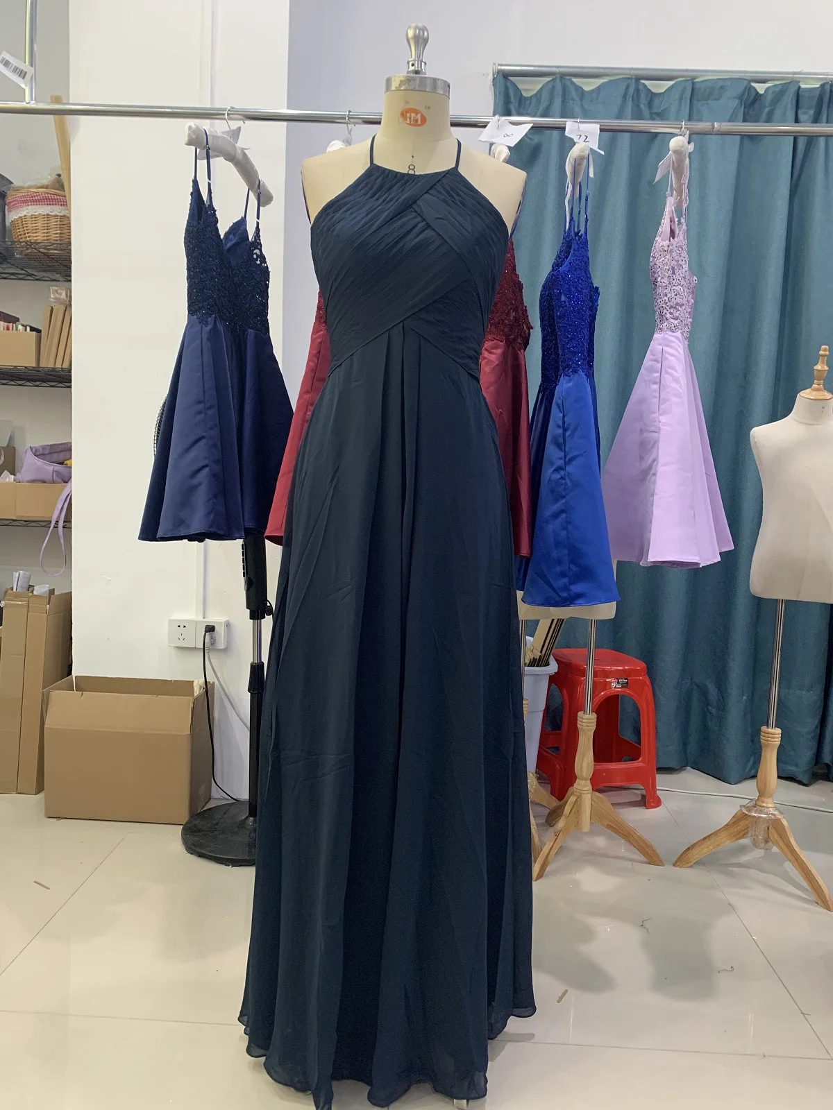 

Midnight Navy chiffon long bridesmaid dress 2022 different nice Halter Pleats luckgirls Customizable fashion mocini tailor