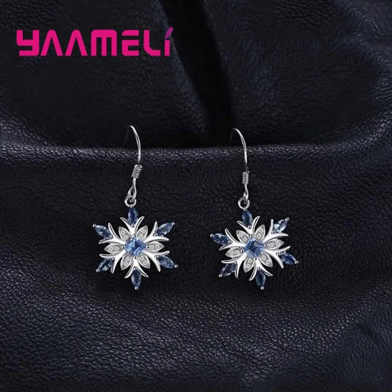 

Winter Sale Woman Earring 925 Sterling Silver French Hook Blue Zircon Snowflake Dangler Ear Brincos Pendientes Luxury Jewelry