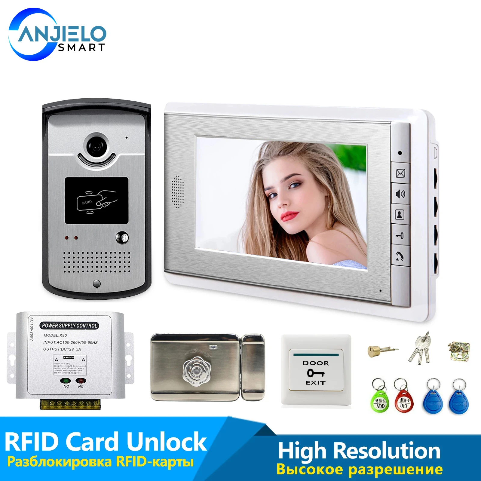 

7" Video Door Phone Kit with ID Keyfobs + Electric Lock + Power Supply+ Door Exit for villa Video Doorbell video Intercom System