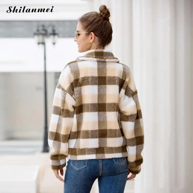 

Plaid Fleece Jacket Women 2019 Autumn Winter Casual Zipper Female Jacket Coat Ladies Vintage Streetwear Harajuku Women Outwear