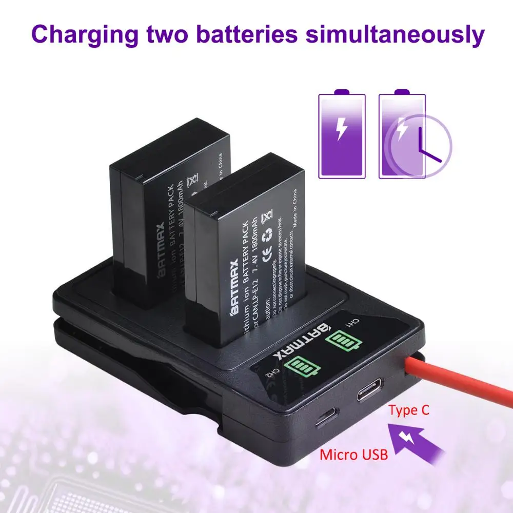 Аккумулятор Batmax LP-E12 LPE12 + двойное зарядное устройство со светодиодной подсветкой