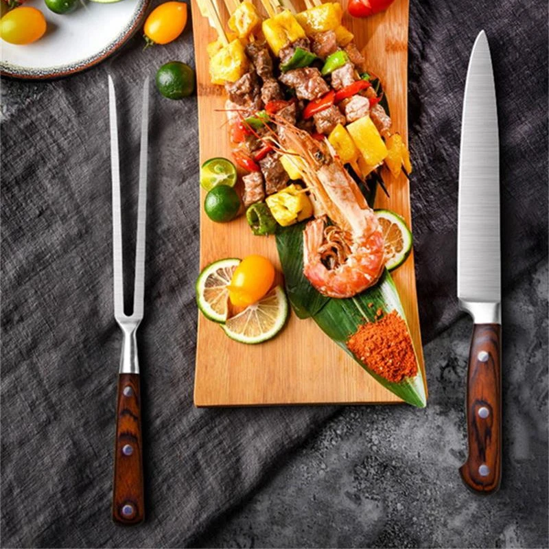 

2pcs Stainless steel Japanese Steak Dinnerware set Wood Handle Dinner Knife Meat Fork Portable Kitchen Cutlery BBQ Grill Forks