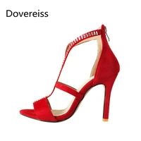 dovereiss fashion womens shoes summer new elegant pure color red mature crystal rhinestone narrow band sandals big size 45 46