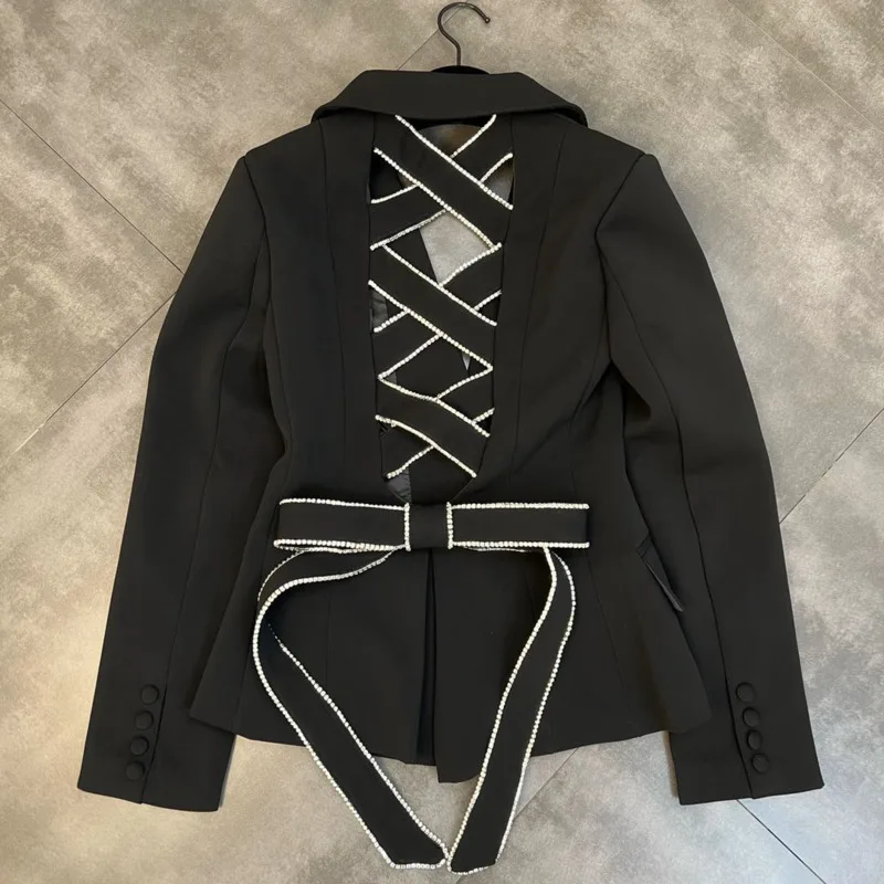 

PREPOMP 2022 Autumn Long Sleeve Turn Down Collar Back Hollow Out Diamonds Bandage Bow Black Slim Blazer Women Suit Coat GD337