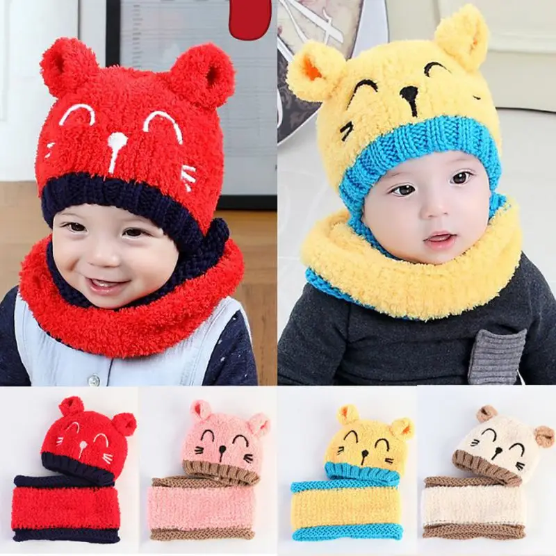 

CX-Winter Warm Cartoon Hat with Ear Design Scarf Sets Children Kids Cute Knit Caps Scarves For Baby Girls Boys