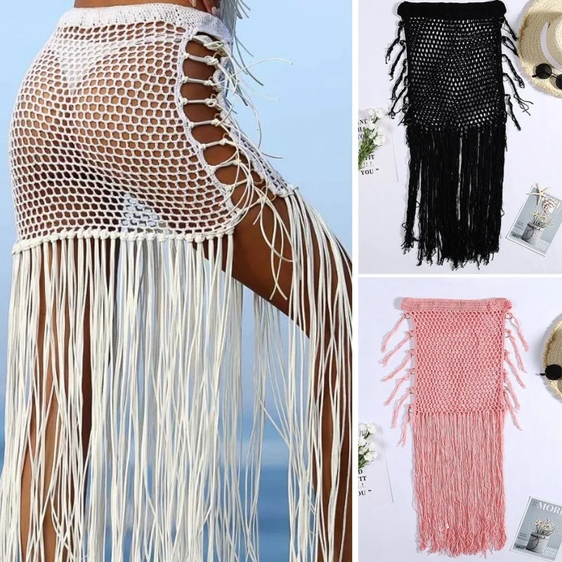 

European and American new holiday sunscreen hand crochet bag hip skirt bohemian style hand hook hollow long fringed skirt