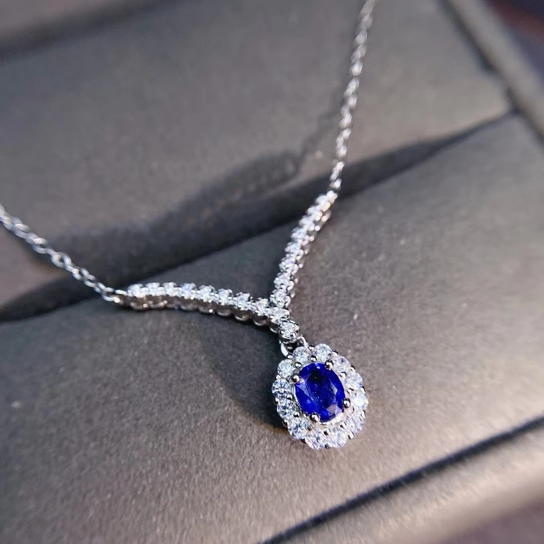 

Lovely V victory round Natural blue sapphire Necklace natural gemstone Pendant Necklace S925 silver women party gift Jewelry