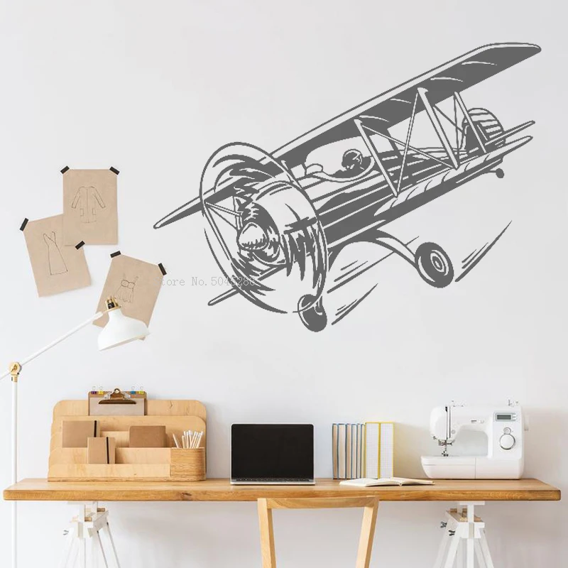 Биплан Ретро Самолёт Виниловые настенные наклейки Декор дома подростков мальчиков Уникальный подарок Съёмные наклейки Y109.