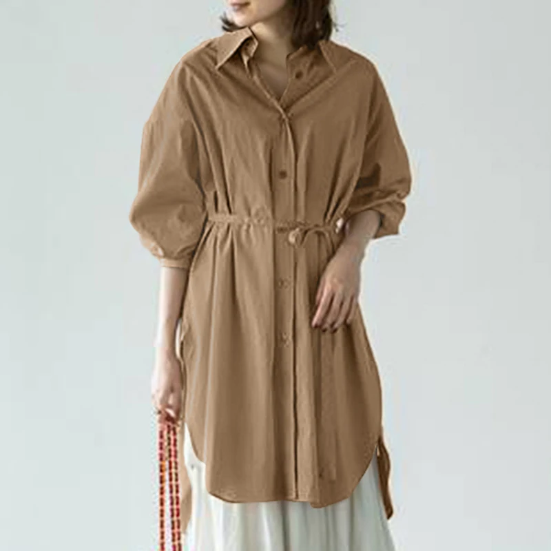 

ZANZEA Collared Shirt Button Down Casual Loose Holiday Chemise Autumn Women Casual Blouse Long Tunic Belt Solid Long Sleeve