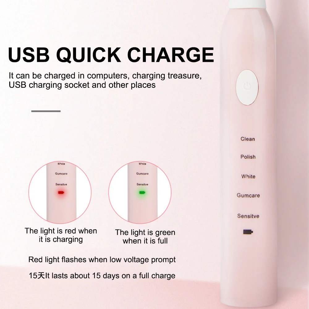 Sonic Electric Toothbrush USB Rechargeable Tooth brush adult Waterproof Ultrasonic Automatic 5 Mode with Heads | Бытовая техника