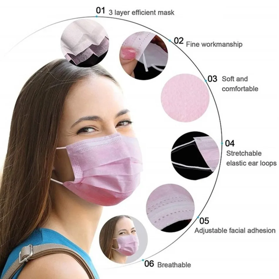 

Mouth Masks 3-layer Anti-Dust Disposable Mascarillas 10-500 Pcs Non Woven Meltblown Cloth Masks Elastic Ear Loop Face Mask