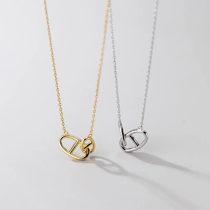 

1pc 100% real 925 Sterling Silver Fine Jewelry Interlocked double Chain OVAL Pendant necklace Women's C-D8057