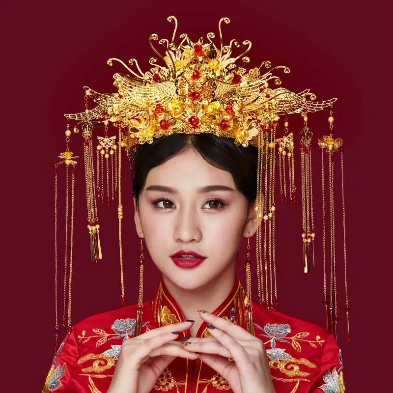 Горячая Распродажа китайские свадебные традиционные диадема Феникса длинные