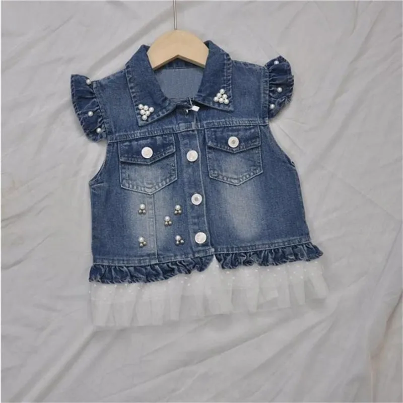 chifuna New Fashion Boutique Angel wings mesh pearl ruffle girls lapel denim Vest children Jacket Fall Autum Outerwear Coat | Детская