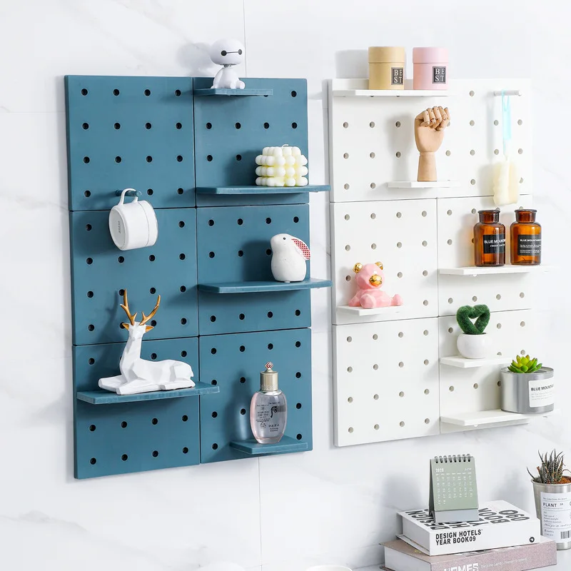 

Punch-Free Square Storage Shelf Round Hole Wall-Mounted Clapboard Hooks Rack Kitchen Bathroom Home Plastic Organizer Holder