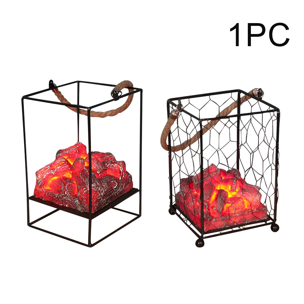 

Living Room Patio Ornament Balcony Iron Charcoal Flame LED Lantern Simulated Fireplace Garden Hanging Home Decor Portable Party