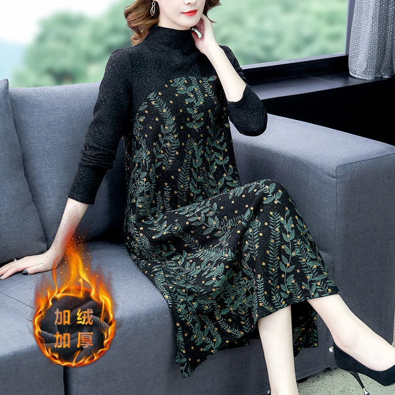 Осенне-зимнее винтажное женское флисовое теплое плотное длинное платье с