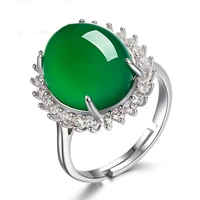 fyjs unique engagement ring silver plated oval green agates adjustable ring with zircon jewelry