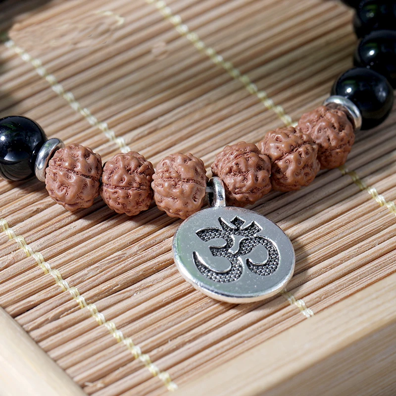 Браслет Rudraksha и черный оникс для мужчин женщин эластичная веревка модный