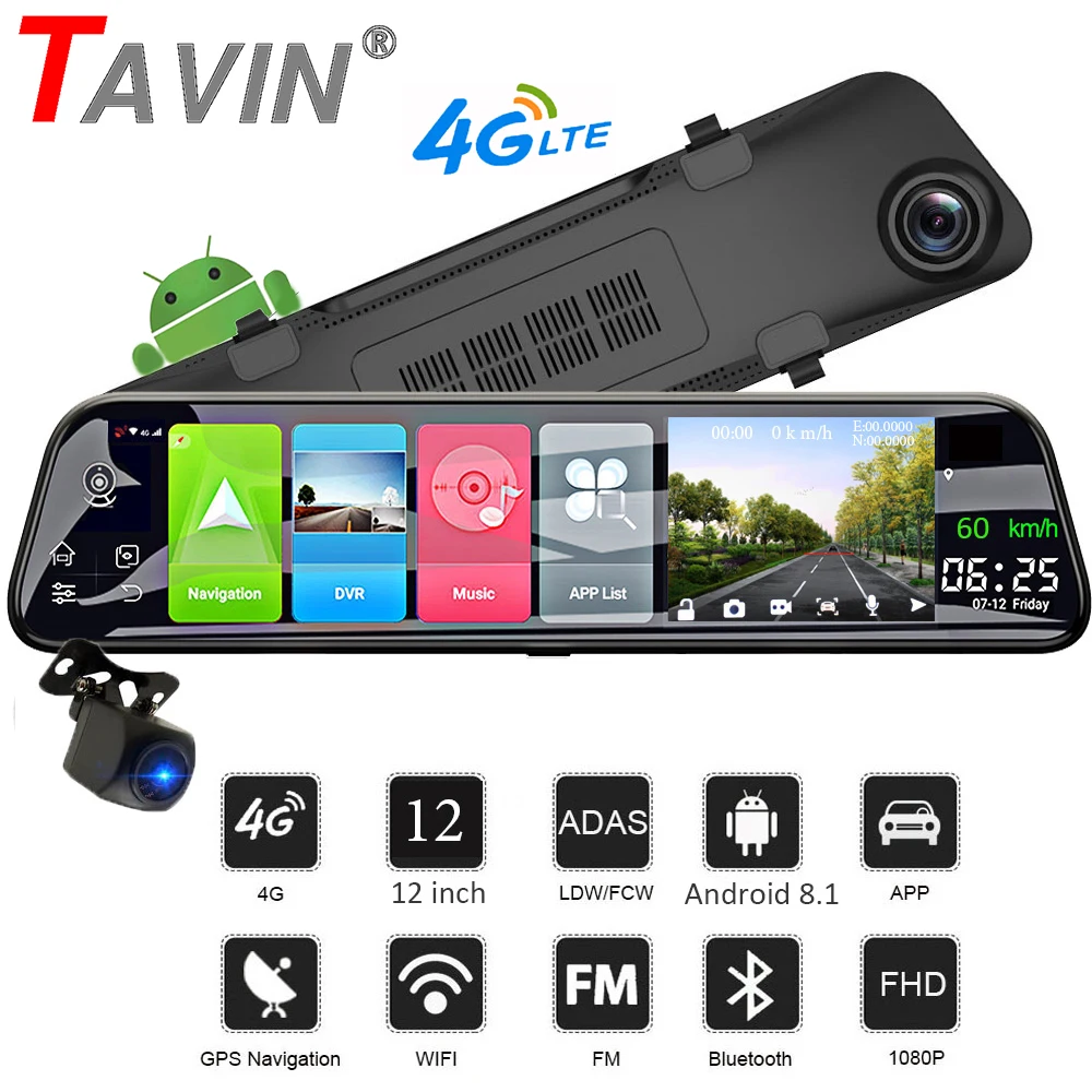 Автомобильный видеорегистратор 4G Android 8 1 с 12 дюймовым сенсорным экраном зеркало