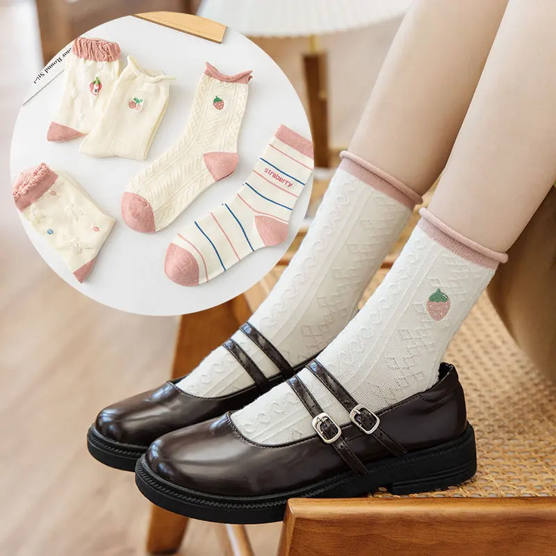 

New Lolita Fashion Woman Socks Embroidery Printing Stripe Middle Tube Socks Wome Fresh Breathable Comfortable Cotton Sock