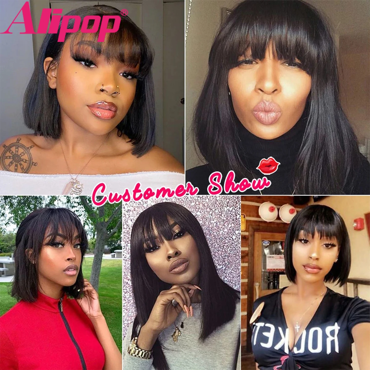 

Bob wig Short Human Hair Wigs With Bangs Straight Human Hair Wigs Non Lace Front Human Hair Wigs Full Machine Wig 150% Density