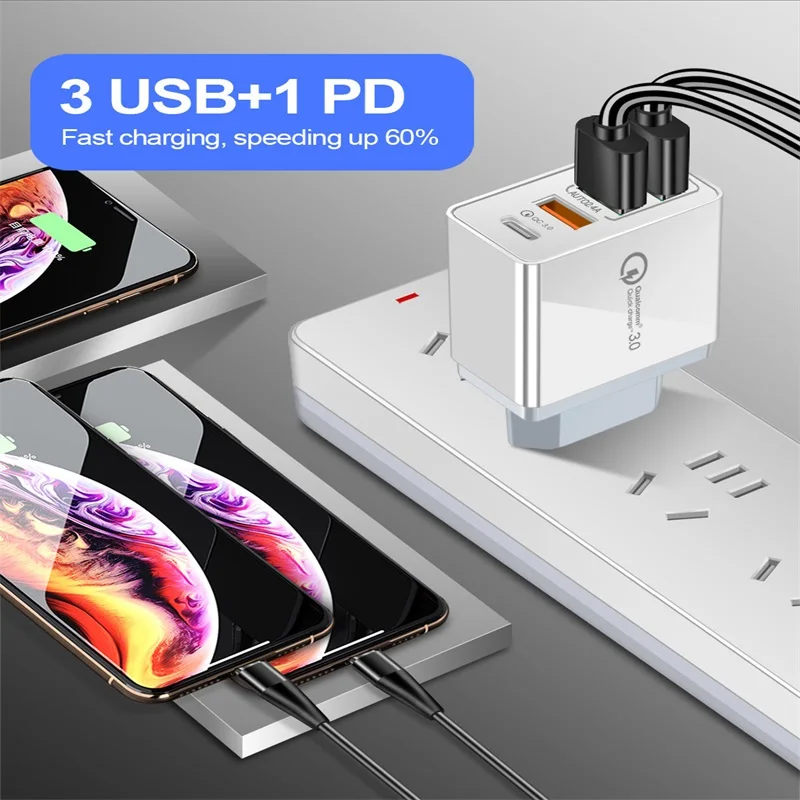 

36W 3 USB plus single PD charger 3A QC3.0+PD18W fast charging mobile phone charger travel wall charger