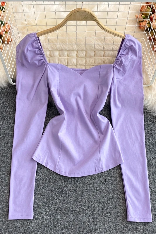 

2021 New Spring Autumn French versatile Square collar Long Sleeve Shirt high waist pleated solid color short Shirt Top