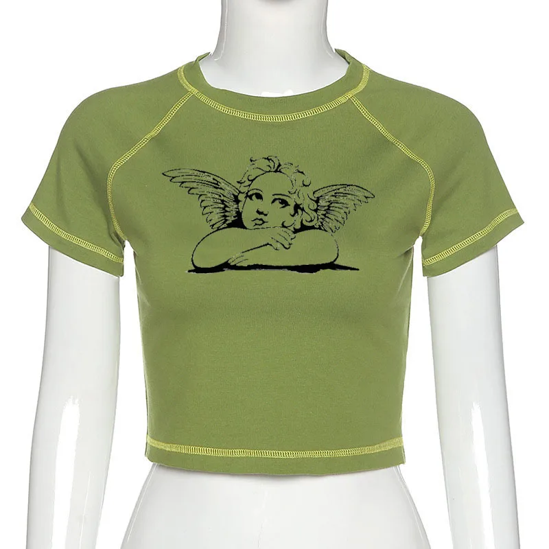 

2021 Black Goth Aesthetic Vintage Crop Top T-shirt Women Korean Kawaii Harajuku Punk Kpop Gothic Streetwear Y2k Female Clothing