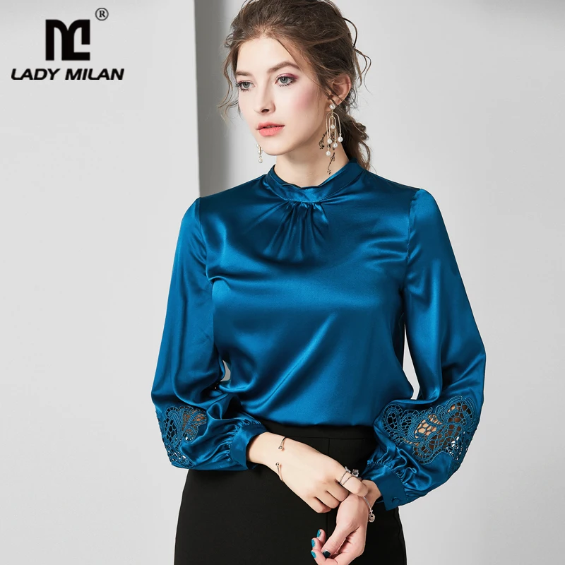 100% чистый шелк Женские рубашки О образный вырез с длинным рукавом Вышивка