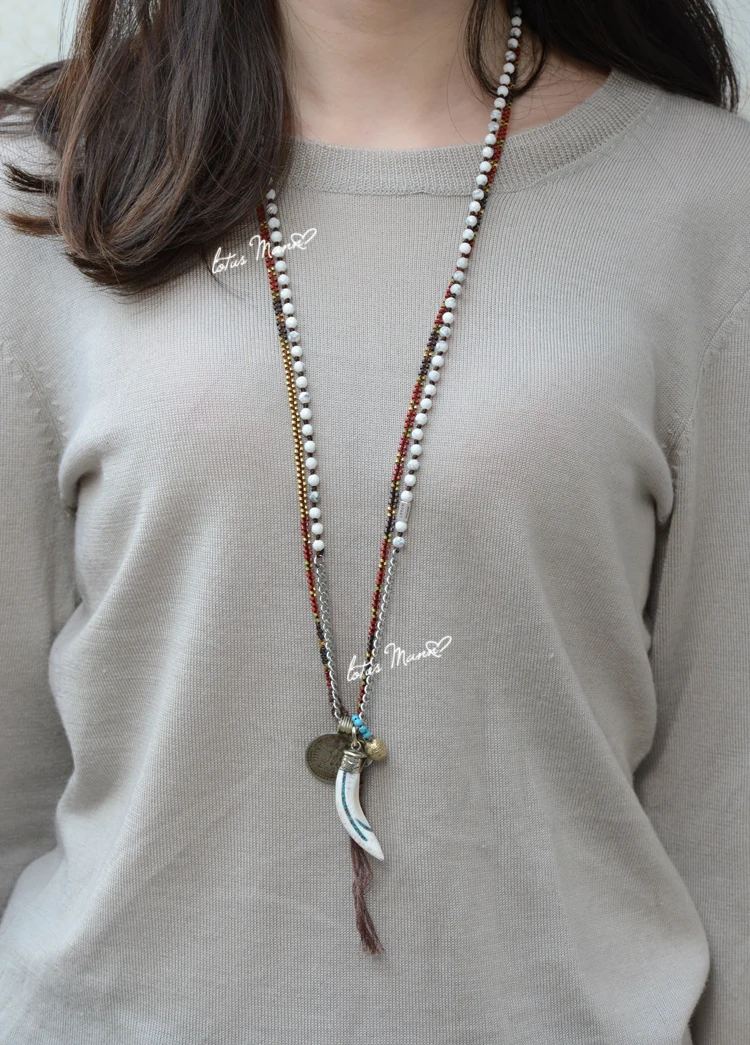 Длинное ожерелье с лотосом манном старинная монета когтями орла белая Бирюза |