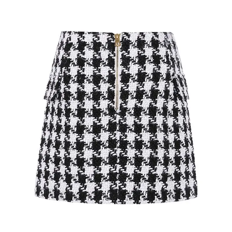 UKCNSEP New Fashion Runway 2021 Skirt Women's Fringed Lion Buttons Houndstooth Tweed Mini | Женская одежда
