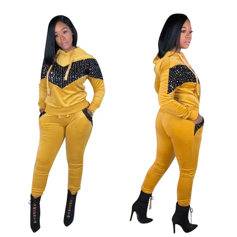 Women Fall Winter Velvet Hooded Long Sleeve Hot Drilling Rhinestone Sweatshirts Pencil Pants Two Pieces Sets Tracksuits Outfits |