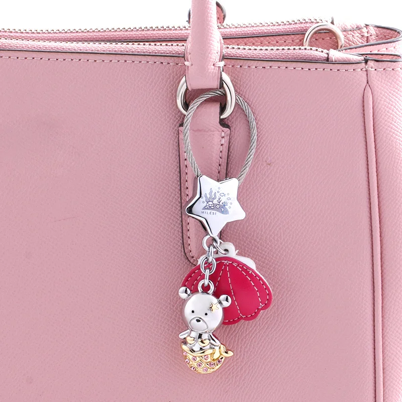 

MILESI Diamond Mermaid Bear Pendant Keychain Cute Car Key Ring for women K0327