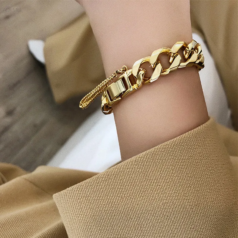 

Amorcome Punk Link Chain Bracelets Bangles For Women Gold Color Chunky Thick Chain Bracelet Fashion Pulseira Female Jewelry Gift