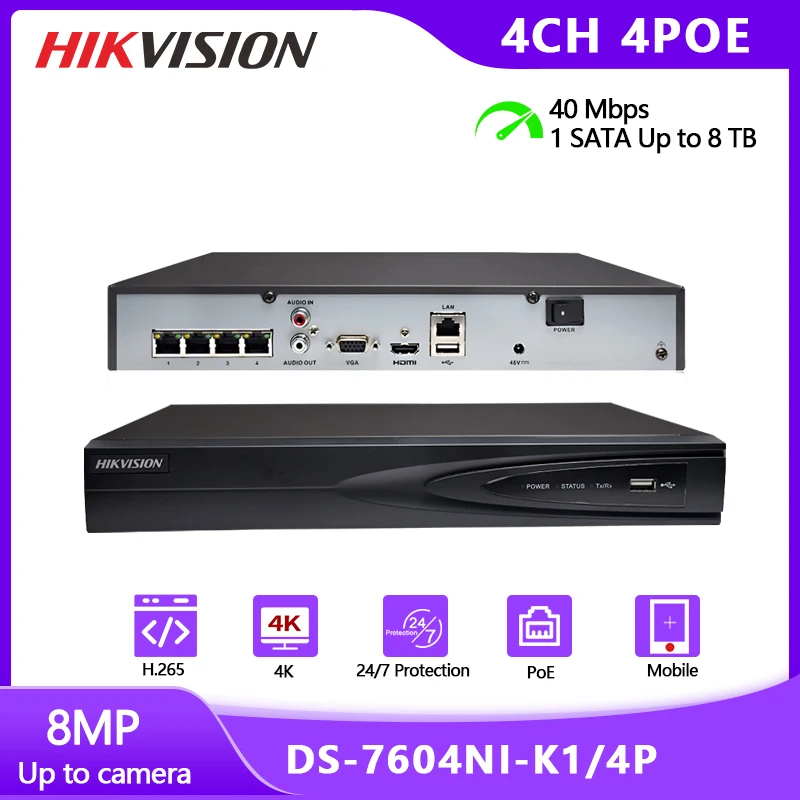 Hikvision 4CH NVR DS-7604NI-K1/4P работает с IP-камерой до 8 Мп 4PoE порты сетевой видеорегистратор