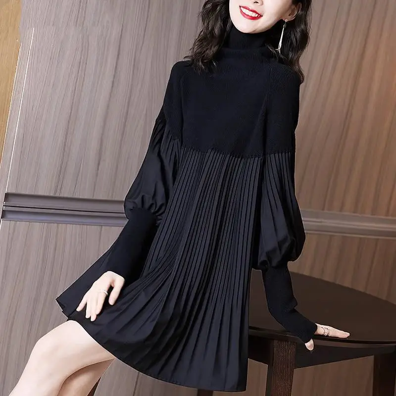 

New Autumn And Winter Lantern Sleeves Hepburn Style Little Black Dress Large Size Age Reduction Loose Slim Dress Women