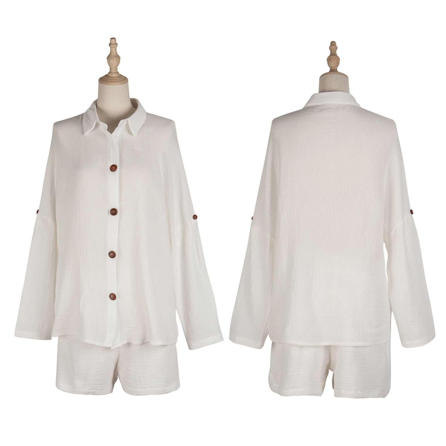 

Two-piece Woman White Chiffon Blouse Top and Shorts Sunscreen Casual Business Suit Shirt set Loose and Comfortable Fabric