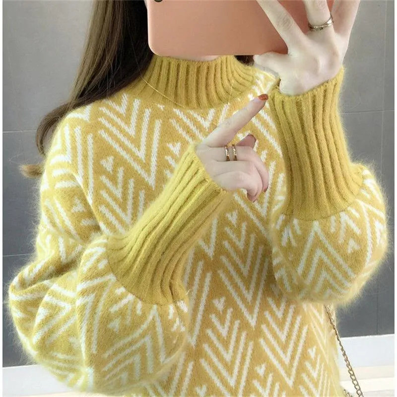 Свитер женский жаккардовый с коротким воротником и рукавами-фонариками | Женская