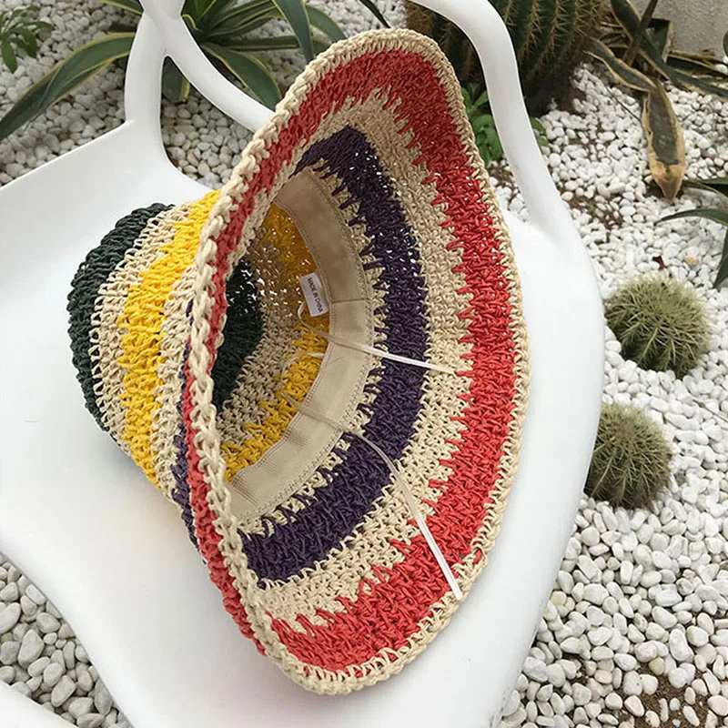 

Rainbow Handmade Woven Straw Hat Foldable UV Protection Sun Visor Beach Hats For Women Summer Straw Sun Hat Fisherman's Cap 2021